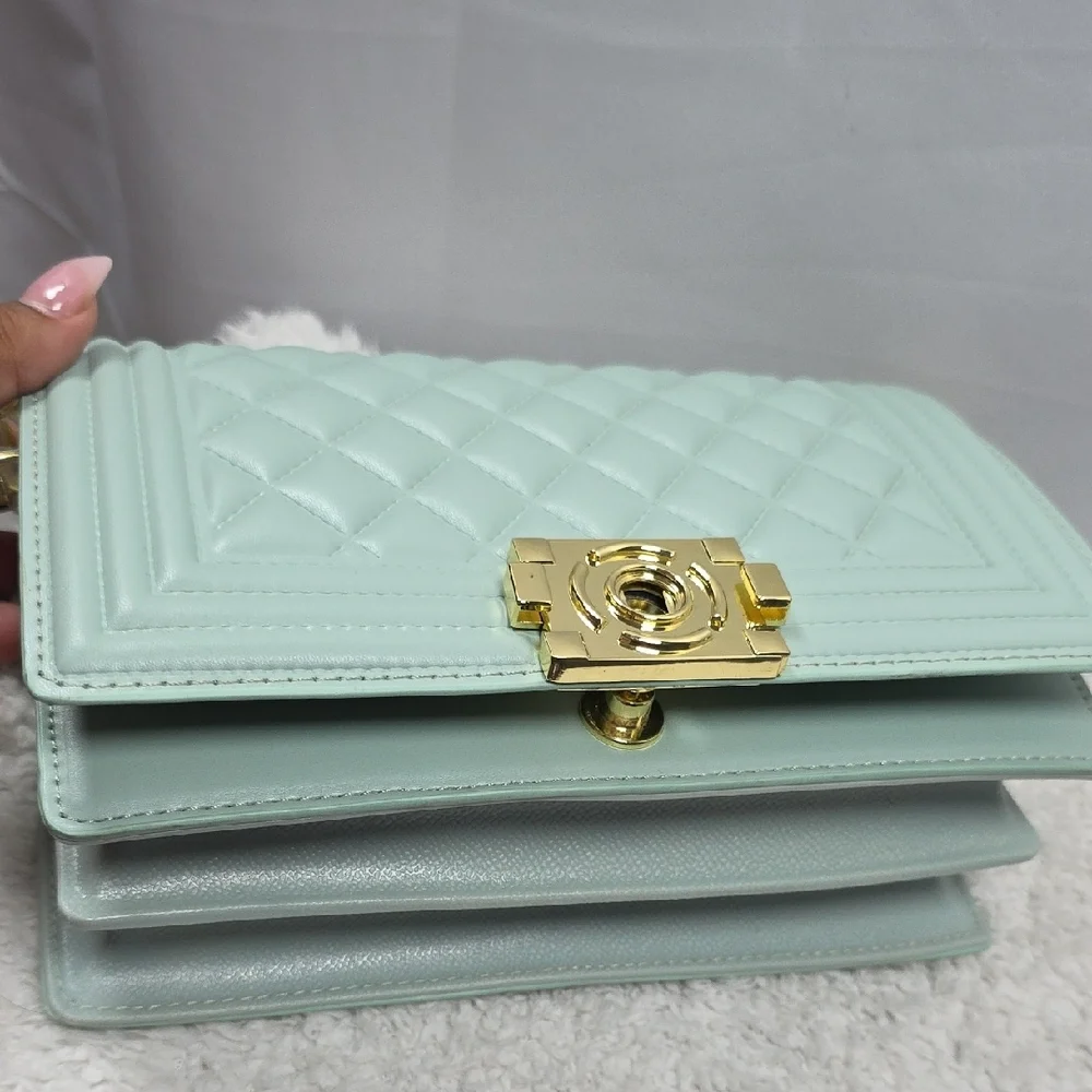 Quilted Mint Green Crossbody Bag with Gold Chain